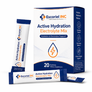 Escoriel Active Hydration Electrolyte Drink Mix packaging, 20 sachets